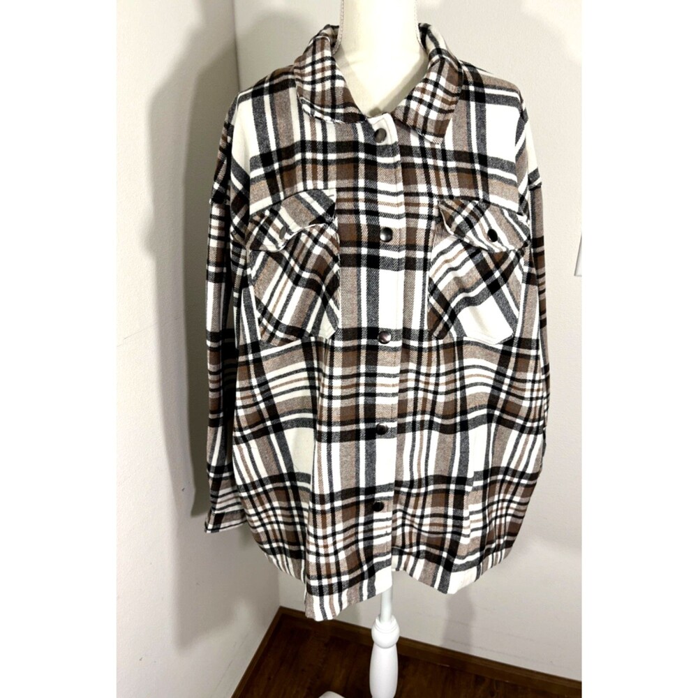 HFX Wool Blend Women's XXL Plaid Flannel Shirt Jacket snap front